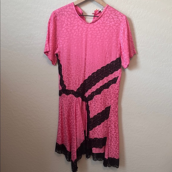 KOCHÉ COLLECTIVE Pink Leopard Print Asymmetric Lace Trim Dress Size 34 - Picture 3 of 5